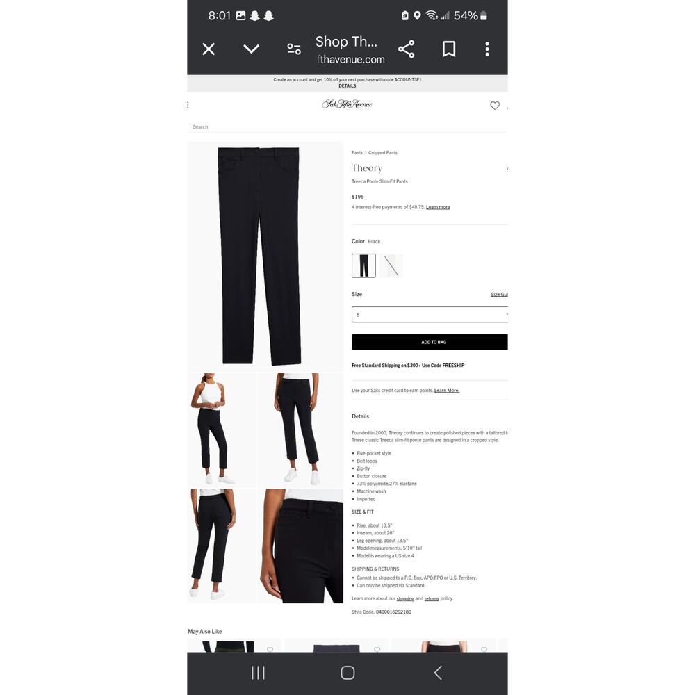 Theory Treeca Ponte Slim-Fit Pants Size 6